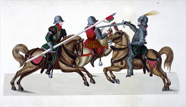 Three knights jousting at a tournament, 1842.