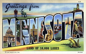 'Greetings from Minnesota, Land of 10,000 Lakes', postcard, 1940. Artist: Unknown