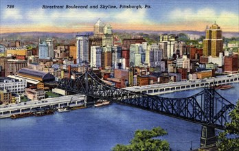 Riverfront Boulevard and city skyline, Pittsburgh, Pennsylvania, USA, 1940. Artist: Unknown