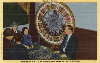 'Wheel of Fortune. There's an Old Spinning Wheel in Nevada', postcard, 1940. Artist: Unknown