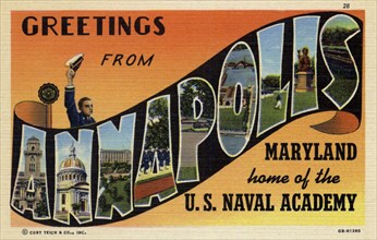 'Greetings from Annapolis, Maryland, home of the US Naval Academy', postcard, 1940. Artist: Unknown