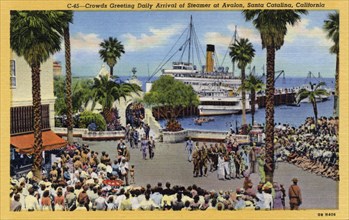 Crowds greet the daily arrival of a steamer, Avalon, Santa Catalina Island, California, USA, 1940. Artist: Unknown