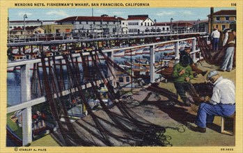 Mending nets, Fisherman's Wharf, San Francisco, California, USA, 1940. Artist: Unknown