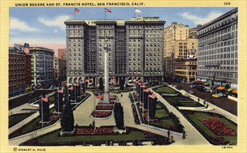 Union Square and St Francis Hotel, San Francisco, California, USA, 1945. Artist: Unknown