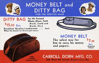 Advertisement for money belts and ditty bags for servicemen, 1943. Artist: Unknown