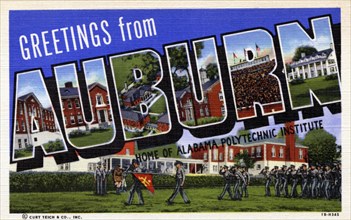 'Greetings from Auburn, home of Alabama Polytechnic Institute', postcard, 1941. Artist: Unknown