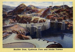 Boulder Dam, upstream face and intake towers, Arizona/Nevade, USA, 1941. Artist: Unknown