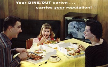 A family eating takeaway food in front of a television, Menasha, Wisconsin, USA, 1959. Artist: Unknown