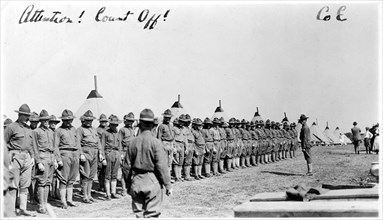 'Attention! Count Off!'; soldiers at Fort Sheridan, Illinois, USA, 1920. Artist: Unknown