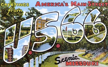 'Greetings from America's Main Street, US 66, Scenic Missouri', postcard, 1945. Artist: Unknown