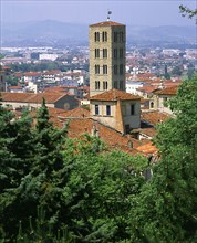 View of the tower of Santa Maria Campanile, Arezzo, Tuscany, Italy.
