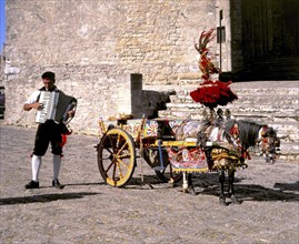 Man with accordion and decorated pony and cart, Erice, Sicily.