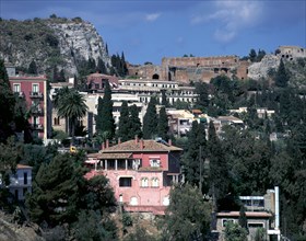 View from Via Roma to Greek theatre, Taormina, Sicily, Italy.