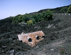 House destroyed by lava flow, Mount Etna, Sicily, Italy.