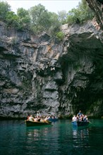 Tourist boat trip, Melissani Lake, Kefalonia, Greece.