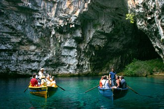 Tourist boat trip, Melissani Lake, Kefalonia, Greece.