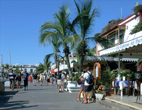 Tourists checking out a restaurant menu, Puerto de Mogan, Gran Canaria, Canary Islands.