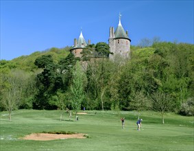 Golf course and Castell Coch, Tongwynlais, near Cardiff, Wales.