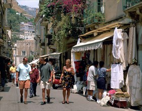 Lace shops, Via Teatro Greco, Taormina, Sicily, Italy.