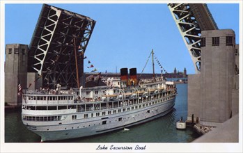 Lake excursion boat passing through the Outer Drive Link Bridge, Chicago, Illinois, USA, 1954. Artist: Unknown