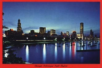 'Chicago's Picturesque Night Skyline', postcard, 1976. Artist: H Mark Weidman