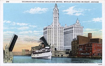 'Excursion Boat Passing Boulevard Bridge, Wrigley Building on Right, Chicago', postcard, c1924. Artist: Unknown