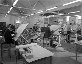 Drawing office at a Sheffield steel foundry, Edgar Allens, 1964.  Artist: Michael Walters