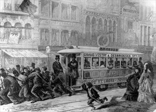 Tram being pulled by men, USA, 1872. Artist: Unknown