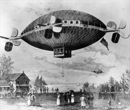Spheroid dirigible airship dropping anchor, c1887. Artist: Unknown