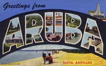'Greetings from Aruba, Netherlands Antilles, postcard, 1950. Artist: Unknown
