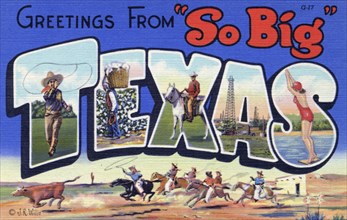 'Greetings from So Big Texas', postcard, 1937. Artist: Unknown