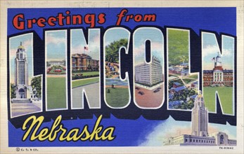 'Greetings from Lincoln, Nebraska', postcard, 1937. Artist: Unknown