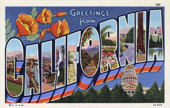 'Greetings from California', postcard, 1938. Artist: Unknown