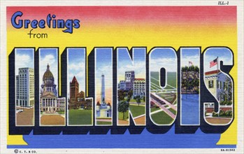 'Greetings from Illinois', postcard, 1938. Artist: Unknown