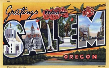 'Greetings from Salem, Oregon', postcard, 1939. Artist: Unknown