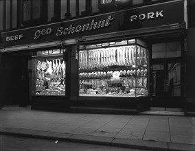 George Schonhut's butcher's shop in Rotherham, South Yorkshire, 1955.  Artist: Michael Walters