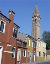 Campanile of the Church of San Martino and painted houses, Burano, Venice, Italy.
