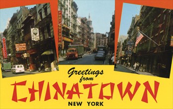 'Greetings from Chinatown, New York', postcard, 1962. Artist: Unknown