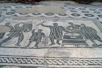 A black and white floor mosaic of grain measurers, Ostia Antica, Italy. Artist: Samuel Magal