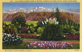 'A California Garden Scene in Winter Showing the Snow-capped Sierra Madre Range', 1931. Artist: Unknown