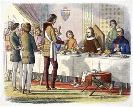 Prince Edward serves John of Artois at table after having defeated him at Poitiers, 1356 (1864). Artist: James William Edmund Doyle