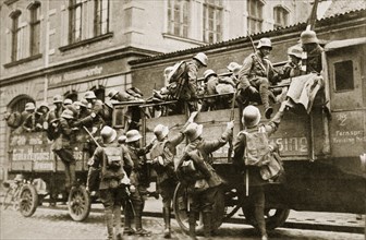 SA troops climbing into trucks, Germany, c1926. Artist: Unknown