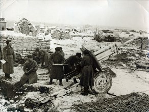 Soviet artillery in action, Battle of Stalingrad. Artist: Unknown