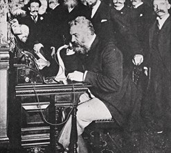 Alexander Graham Bell makes the first telephone call between New York and Chicago, USA, 1892. Artist: Unknown