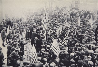 Armed troops confronting protesters during an industrial dispute, USA, 1912. Artist: Unknown