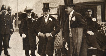 Winston Churchill arriving at the doors of St Margaret's, Westminster, on his wedding day, 1908. Artist: Unknown