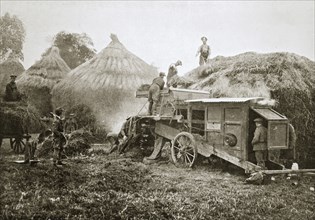 Threshing for straw for soldiers' use, France, World War I, 1916. Artist: Unknown