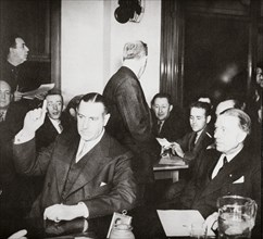 Richard Whitney being sworn in at a public hearing regarding his misappropriation of funds, c1938. Artist: Unknown