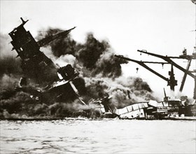 Battleship USS 'Arizona' (BB-39) sinking during the attack on Pearl Harbour, 1941. Artist: Unknown