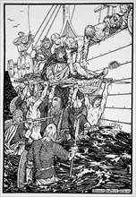 The dying King Haakon carried to his ship, 961 (1913). Artist: Morris Meredith Williams